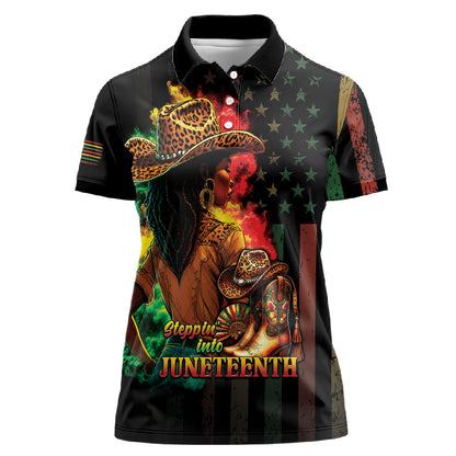 Steppin' into Juneteenth 1865 Women Polo Shirt Melanin Cowgirl Grunge Style