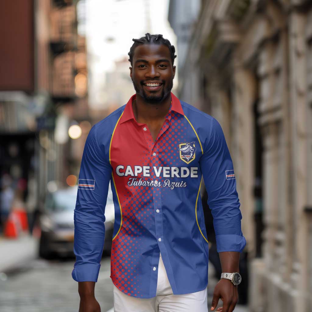 Custom Cape Verde Football Long Sleeve Button Shirt Blue Sharks Make History - African Pride