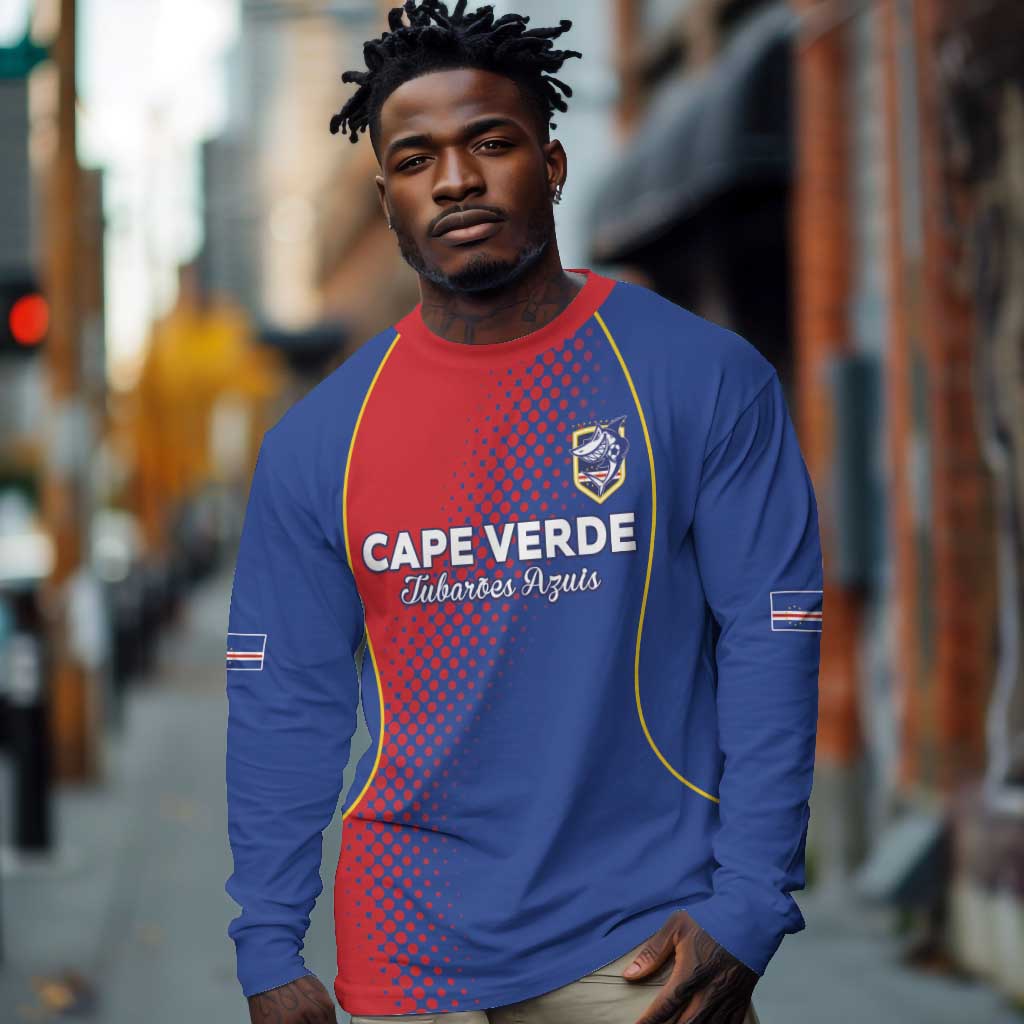Custom Cape Verde Football Long Sleeve Shirt Blue Sharks Make History - African Pride