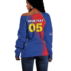 Custom Cape Verde Football Off Shoulder Sweater Blue Sharks Make History - African Pride