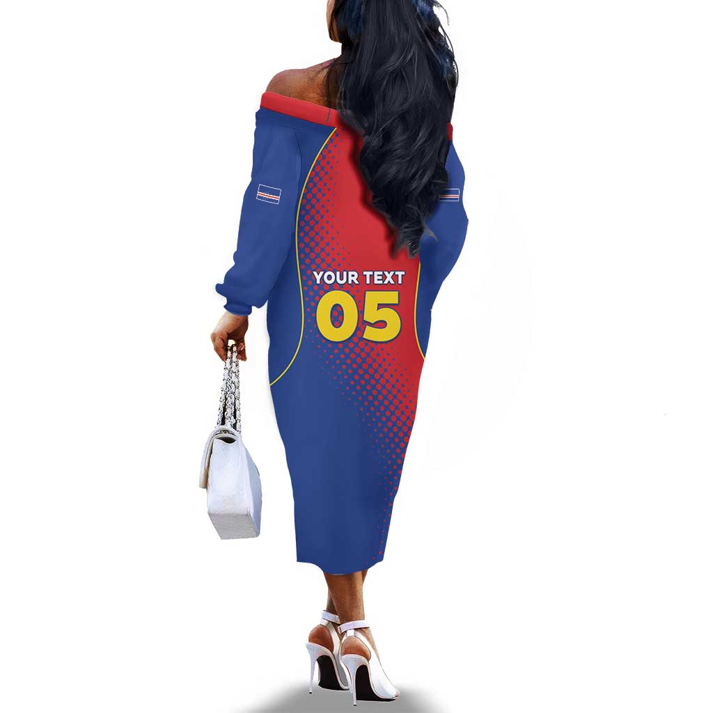 Custom Cape Verde Football Off The Shoulder Long Sleeve Dress Blue Sharks Make History - African Pride
