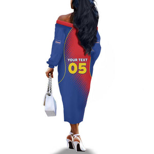 Custom Cape Verde Football Off The Shoulder Long Sleeve Dress Blue Sharks Make History - African Pride