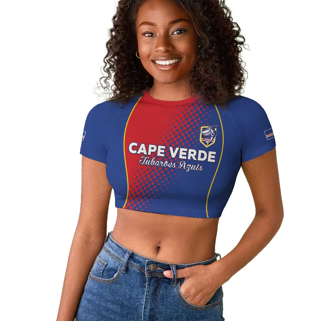 Custom Cape Verde Football Raglan Cropped T shirt Blue Sharks Make History - African Pride
