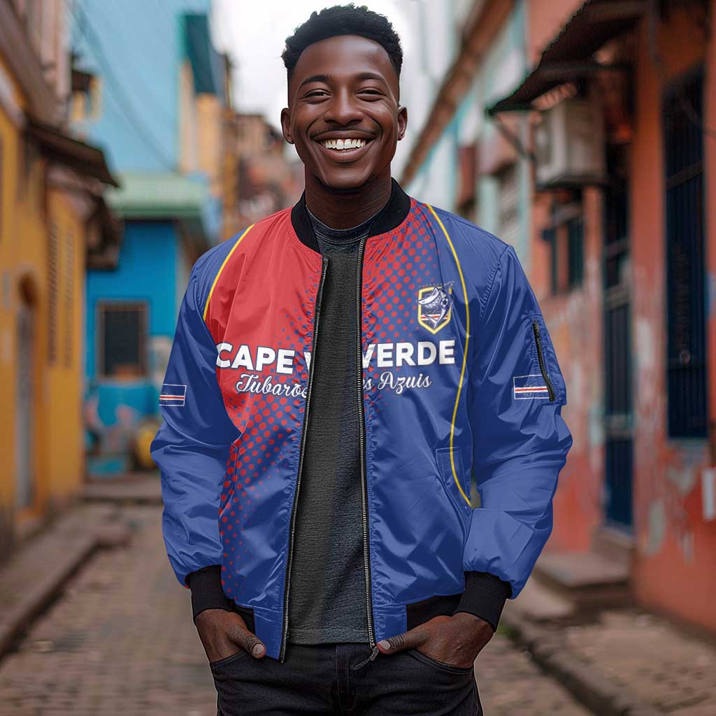Custom Cape Verde Football Sleeve Zip Bomber Jacket Blue Sharks Make History - African Pride