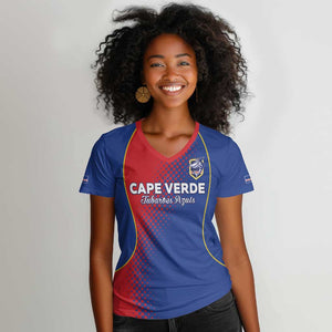 Custom Cape Verde Football Women V-Neck T-Shirt Blue Sharks Make History - African Pride