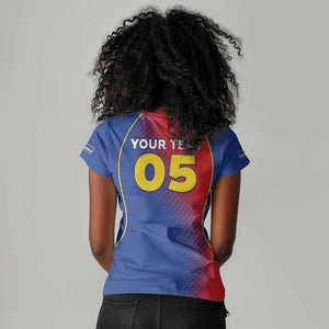 Custom Cape Verde Football Women V-Neck T-Shirt Blue Sharks Make History - African Pride
