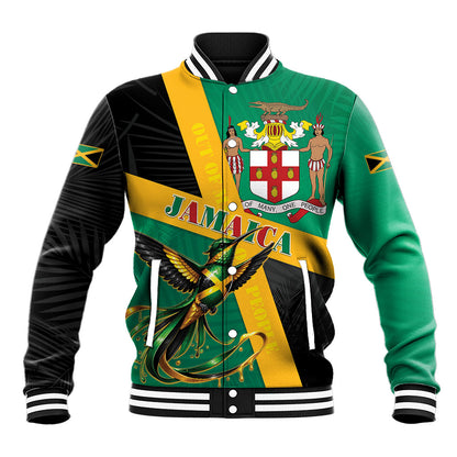 Jamaica Independence Day Baseball Jacket Coat Of Arms With Doctor Bird Tropical Vibes