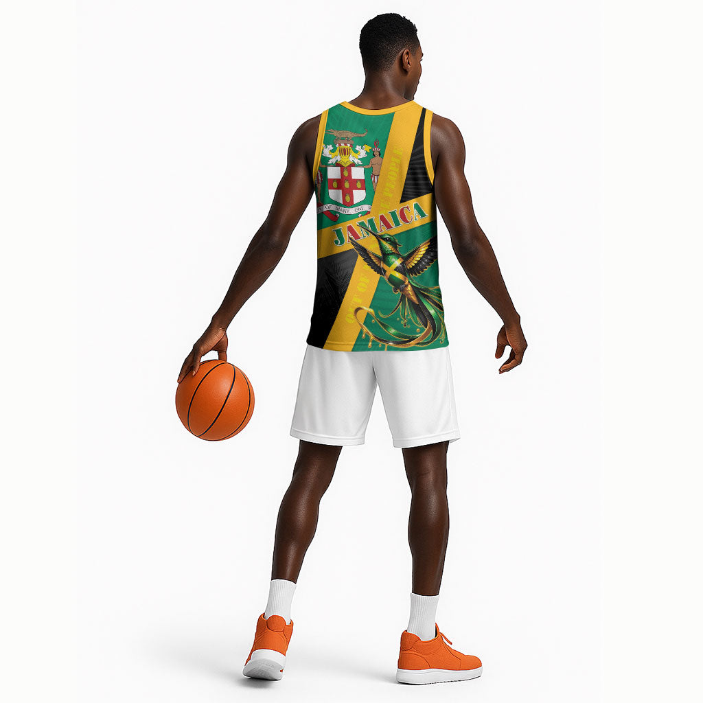 Jamaica Independence Day Basketball Jersey Coat Of Arms With Doctor Bird Tropical Vibes