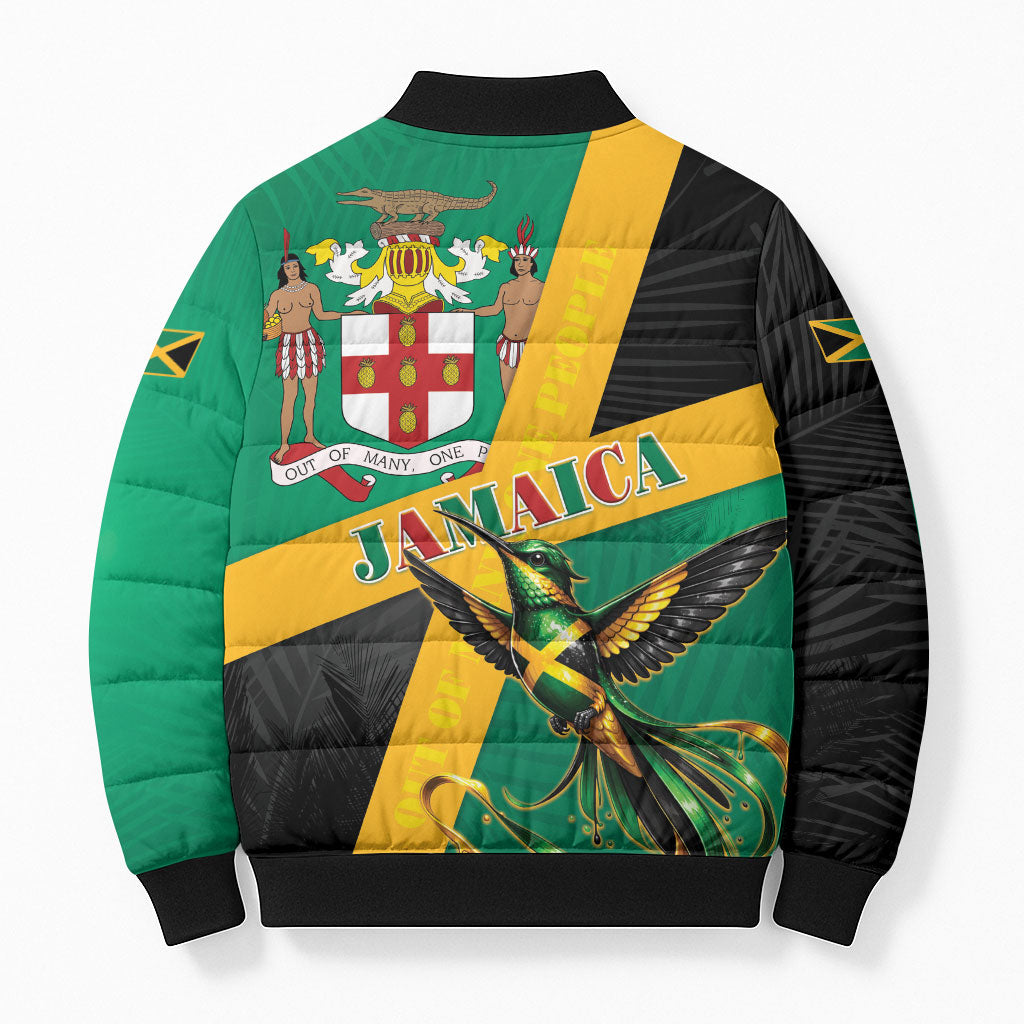 Jamaica Independence Day Bomber Puffer Jacket Coat Of Arms With Doctor Bird Tropical Vibes