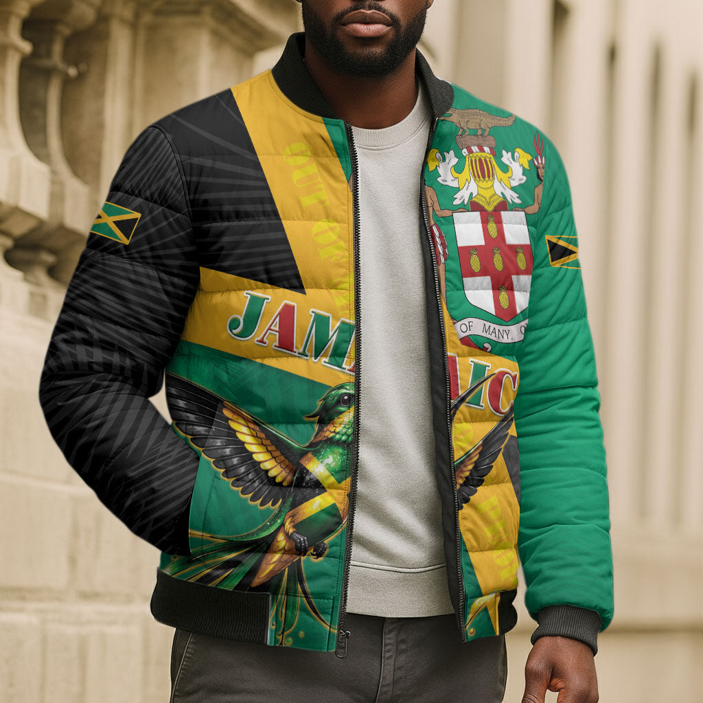 Jamaica Independence Day Bomber Puffer Jacket Coat Of Arms With Doctor Bird Tropical Vibes