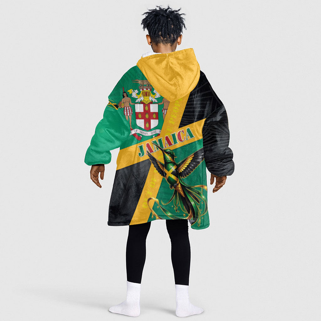 Jamaica Independence Day Kid Wearable Blanket Hoodie Coat Of Arms With Doctor Bird Tropical Vibes