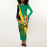 Jamaica Independence Day Long Sleeve Bodycon Dress Coat Of Arms With Doctor Bird Tropical Vibes