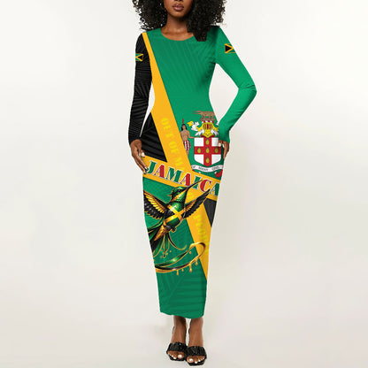 Jamaica Independence Day Long Sleeve Bodycon Dress Coat Of Arms With Doctor Bird Tropical Vibes