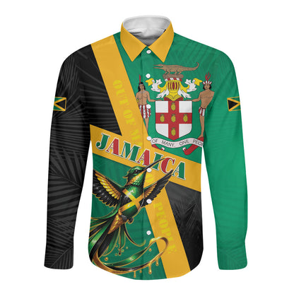 Jamaica Independence Day Long Sleeve Button Shirt Coat Of Arms With Doctor Bird Tropical Vibes