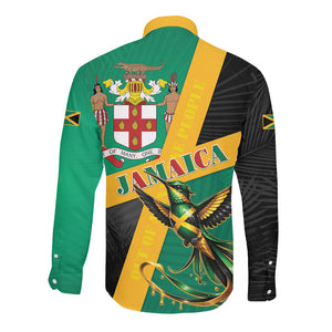 Jamaica Independence Day Long Sleeve Button Shirt Coat Of Arms With Doctor Bird Tropical Vibes