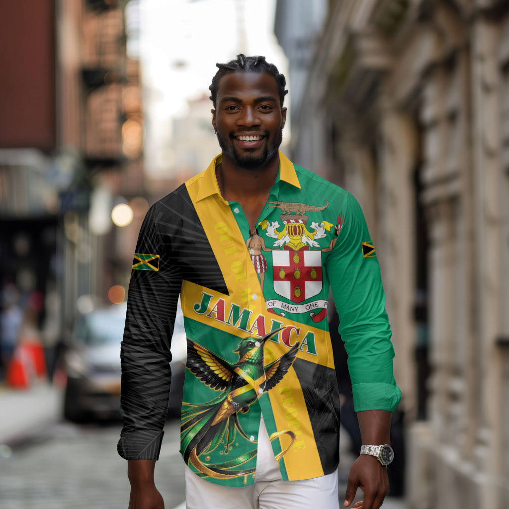 Jamaica Independence Day Long Sleeve Button Shirt Coat Of Arms With Doctor Bird Tropical Vibes