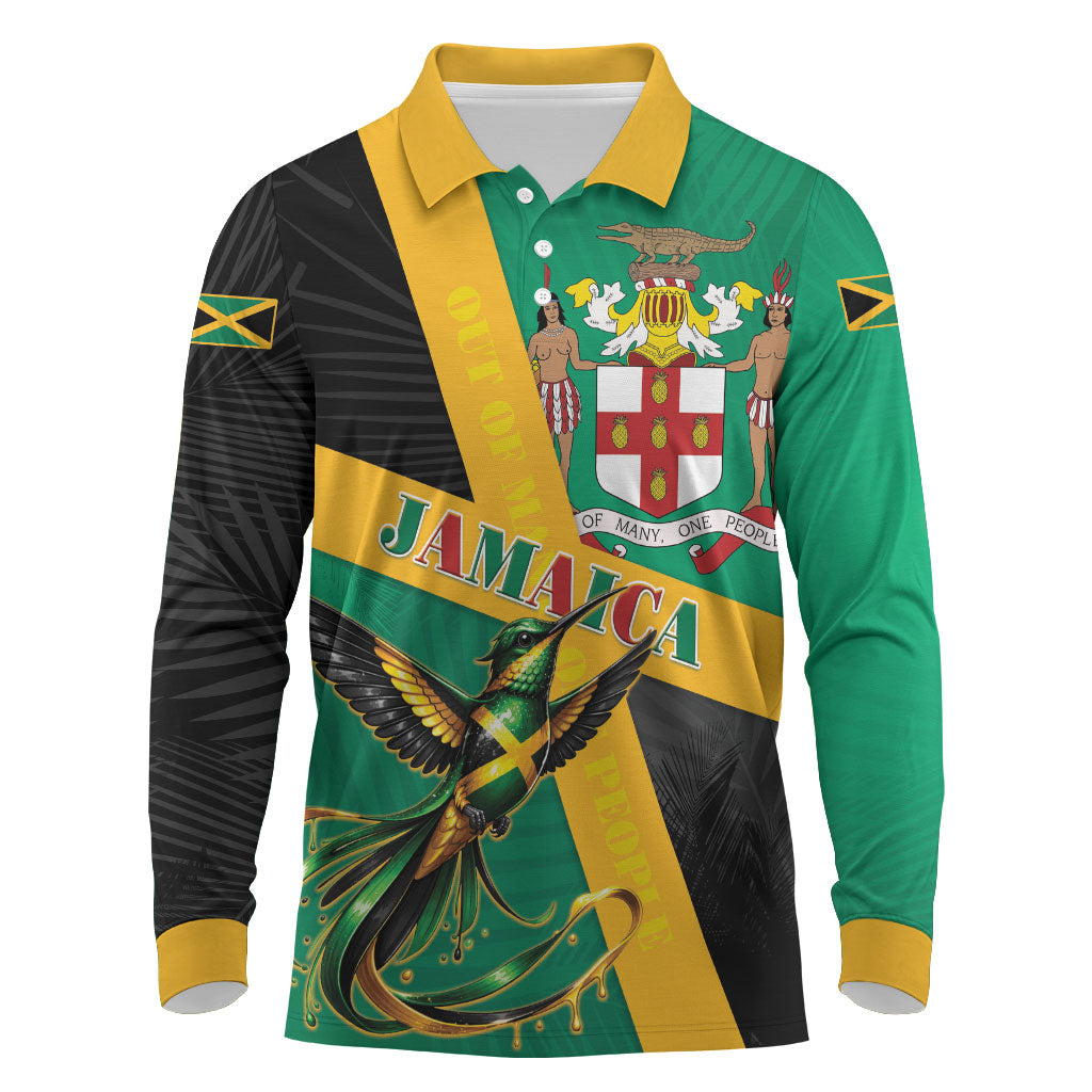 Jamaica Independence Day Long Sleeve Polo Shirt Coat Of Arms With Doctor Bird Tropical Vibes