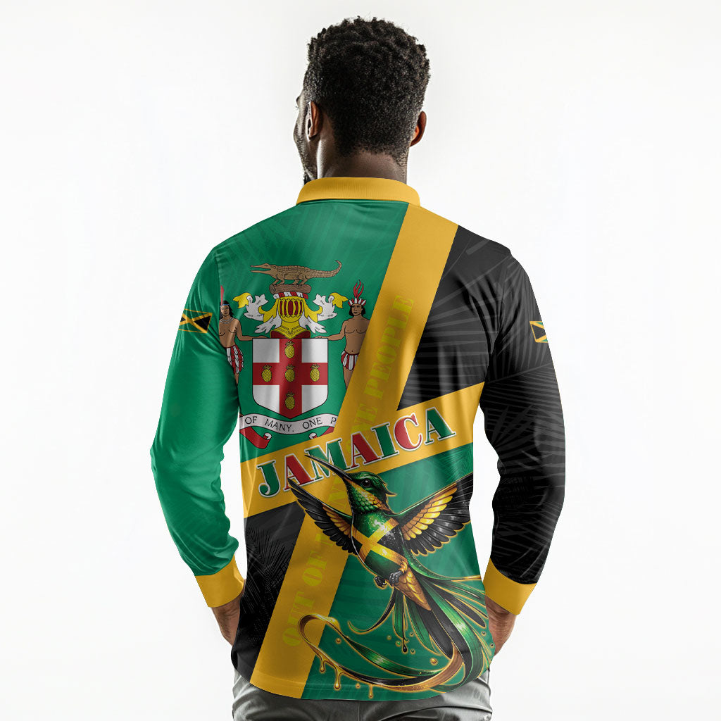 Jamaica Independence Day Long Sleeve Polo Shirt Coat Of Arms With Doctor Bird Tropical Vibes