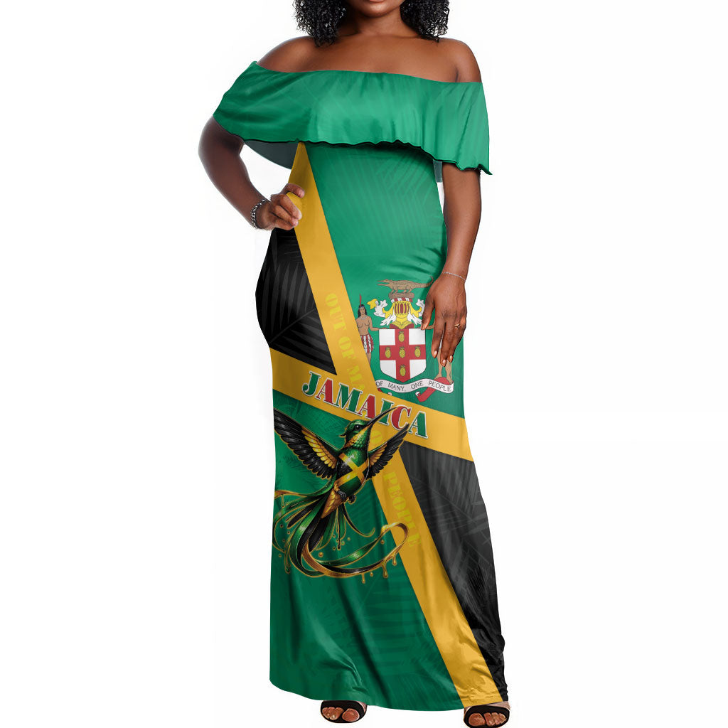 Jamaica Independence Day Off Shoulder Maxi Dress Coat Of Arms With Doctor Bird Tropical Vibes