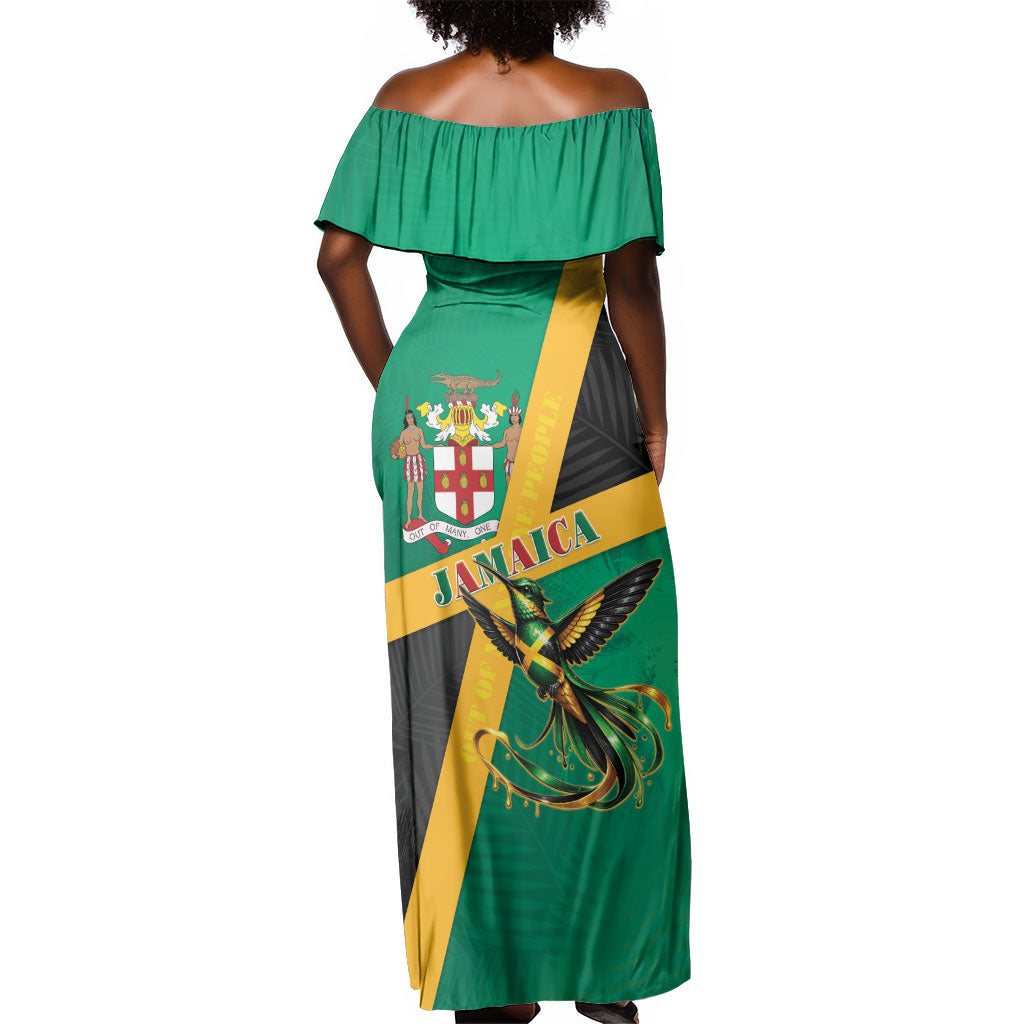 Jamaica Independence Day Off Shoulder Maxi Dress Coat Of Arms With Doctor Bird Tropical Vibes