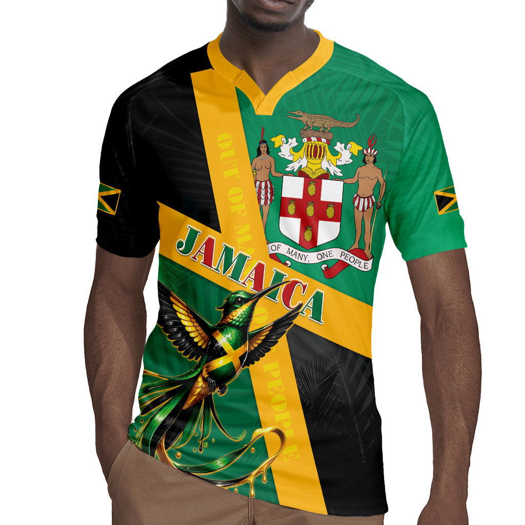 Jamaica Independence Day Rugby Jersey Coat Of Arms With Doctor Bird Tropical Vibes