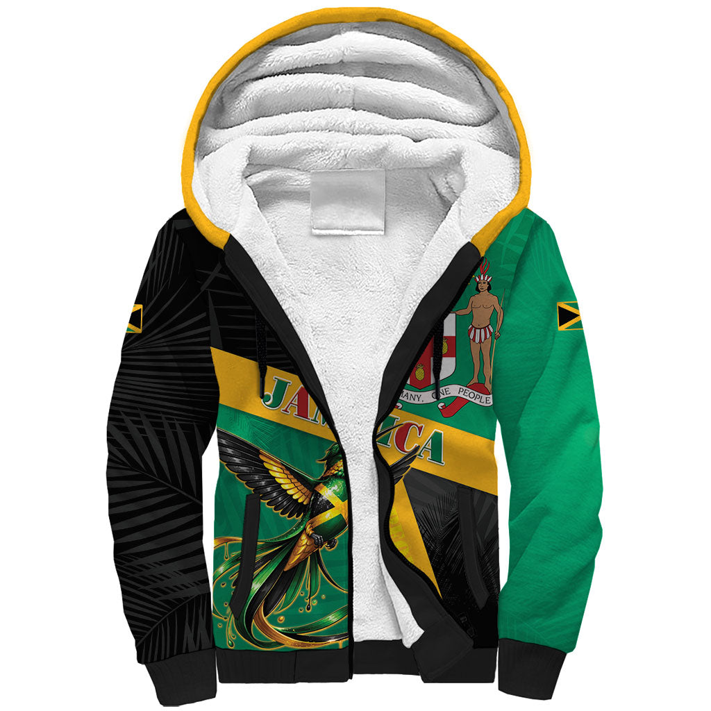 Jamaica Independence Day Sherpa Hoodie Coat Of Arms With Doctor Bird Tropical Vibes