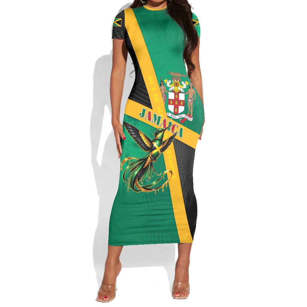 Jamaica Independence Day Short Sleeve Bodycon Dress Coat Of Arms With Doctor Bird Tropical Vibes