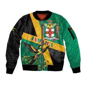 Jamaica Independence Day Sleeve Zip Bomber Jacket Coat Of Arms With Doctor Bird Tropical Vibes