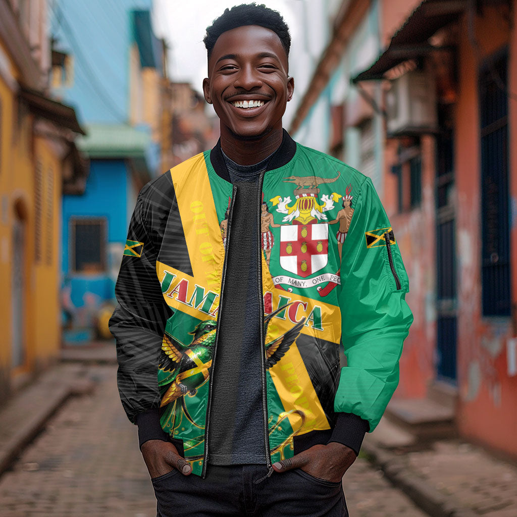 Jamaica Independence Day Sleeve Zip Bomber Jacket Coat Of Arms With Doctor Bird Tropical Vibes