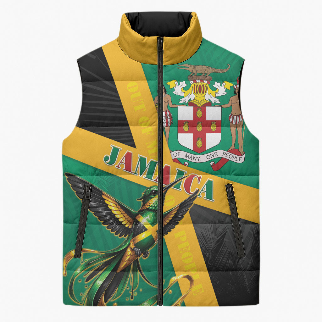 Jamaica Independence Day Sleeveless Puffer Jacket Coat Of Arms With Doctor Bird Tropical Vibes