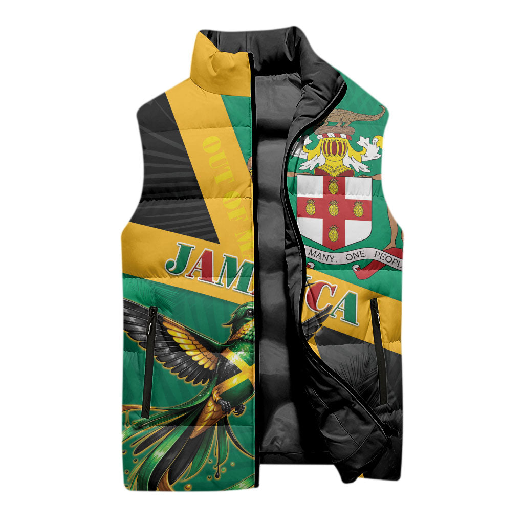 Jamaica Independence Day Sleeveless Puffer Jacket Coat Of Arms With Doctor Bird Tropical Vibes
