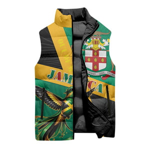 Jamaica Independence Day Sleeveless Puffer Jacket Coat Of Arms With Doctor Bird Tropical Vibes