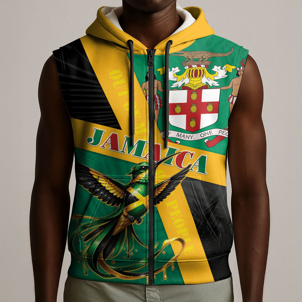 Jamaica Independence Day Sleeveless Zip Hoodie Coat Of Arms With Doctor Bird Tropical Vibes