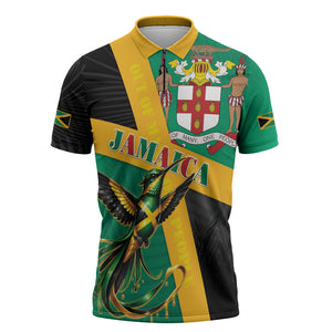 Jamaica Independence Day Zipper Polo Shirt Coat Of Arms With Doctor Bird Tropical Vibes