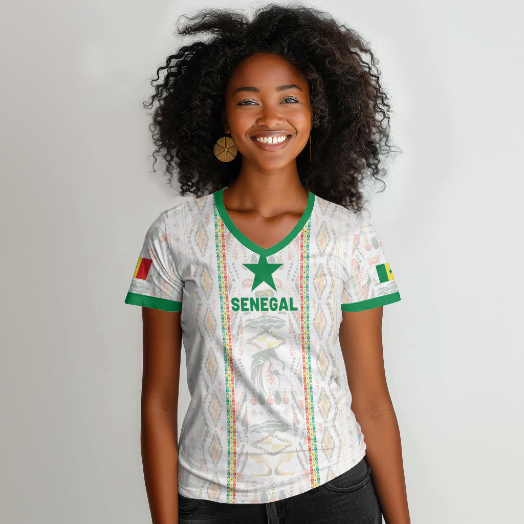 Custom Senegal Football 2026 Women V-Neck T-Shirt Car Rapide-Inspired Pattern