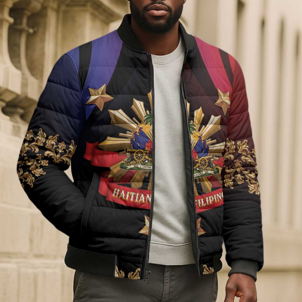 Personalized Haiti And Philippines Bomber Puffer Jacket Haitian Filipino Heritage Crest