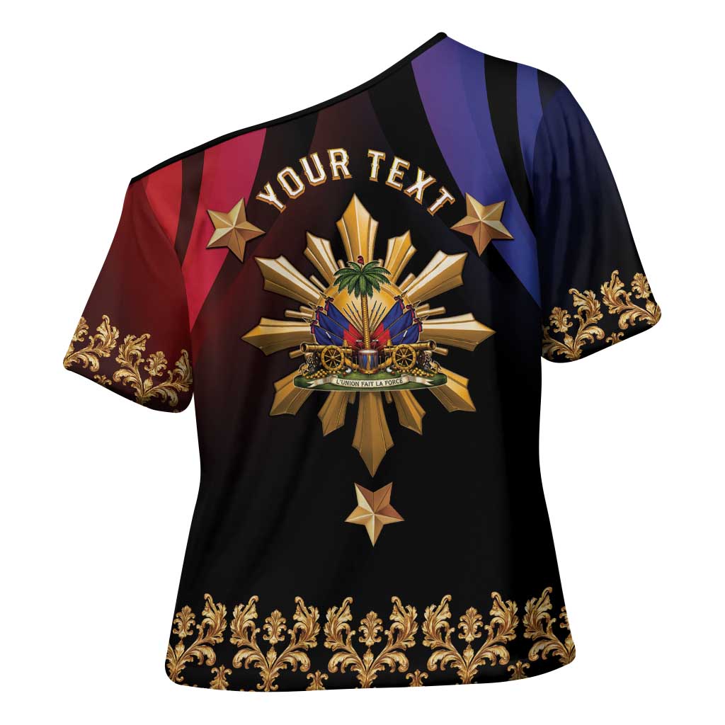 Personalized Haiti And Philippines Cross Shoulder Shirt Haitian Filipino Heritage Crest