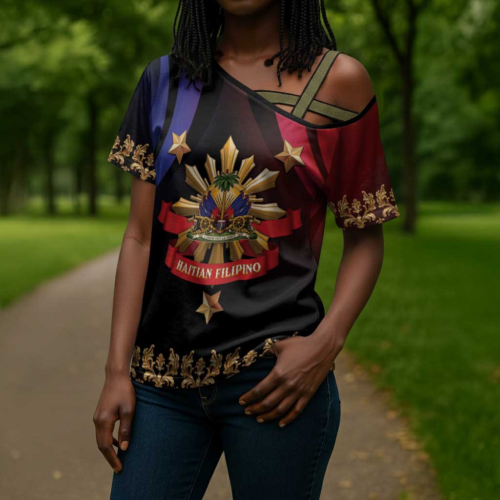 Personalized Haiti And Philippines Cross Shoulder Shirt Haitian Filipino Heritage Crest