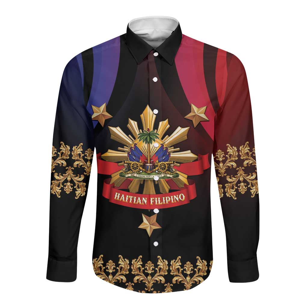 Personalized Haiti And Philippines Long Sleeve Button Shirt Haitian Filipino Heritage Crest