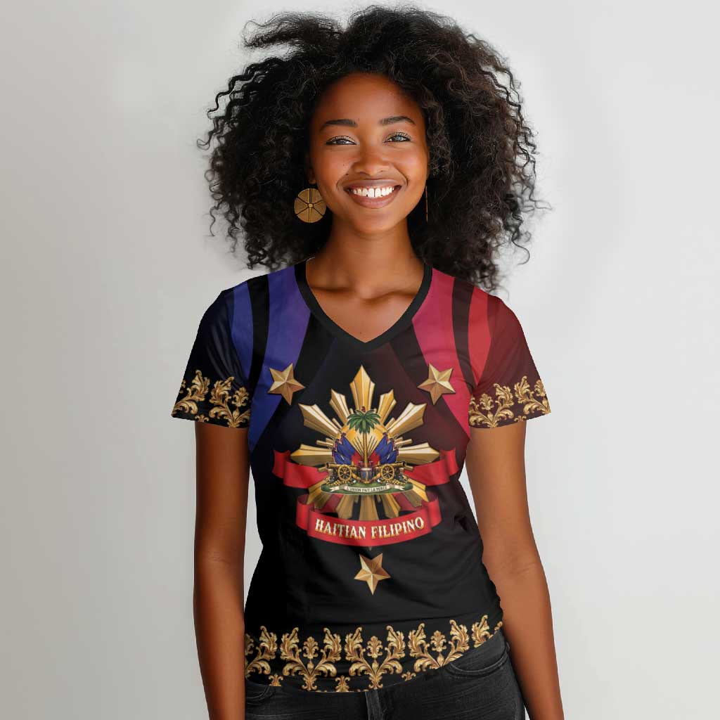 Personalized Haiti And Philippines Women V-Neck T-Shirt Haitian Filipino Heritage Crest