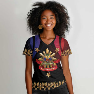 Personalized Haiti And Philippines Women V-Neck T-Shirt Haitian Filipino Heritage Crest