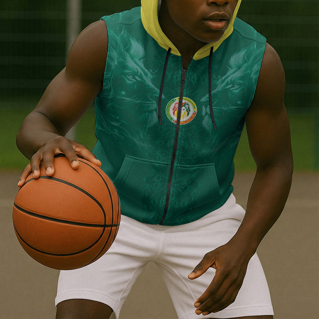 Custom Senegal Football Sleeveless Zip Hoodie Lions Of Teranga Sporty Style