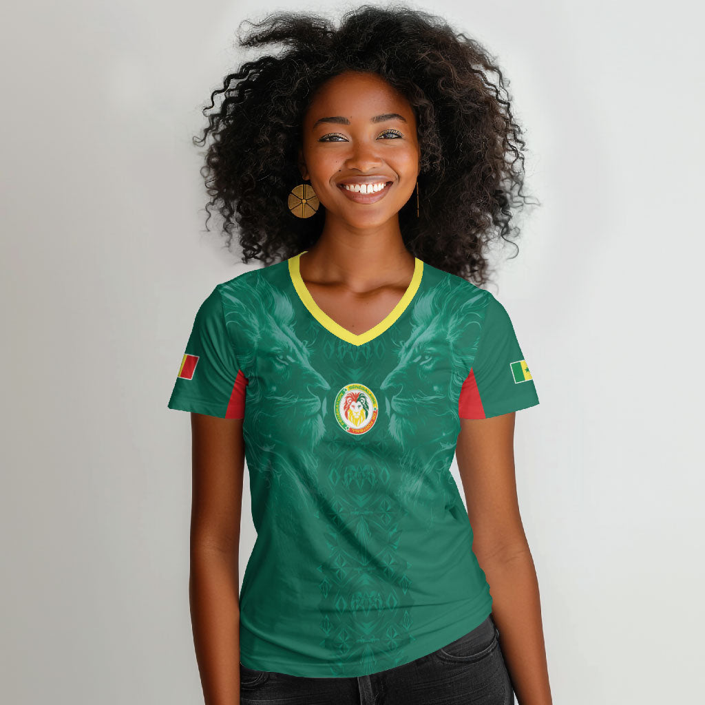 Custom Senegal Football Women V-Neck T-Shirt Lions Of Teranga Sporty Style