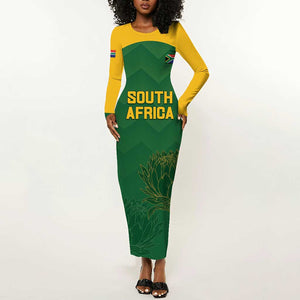 Custom South Africa Cricket Long Sleeve Bodycon Dress Go Champions Protea Pattern LT05
