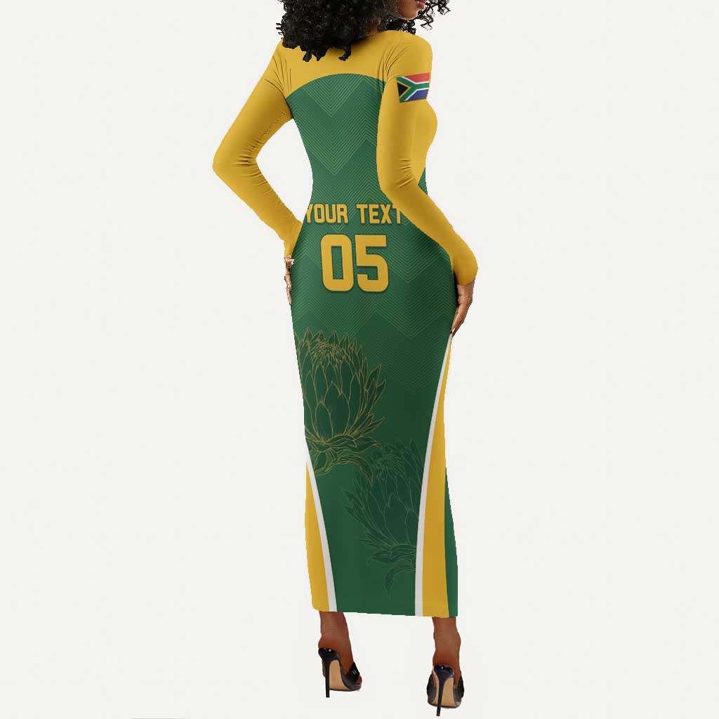 Custom South Africa Cricket Long Sleeve Bodycon Dress Go Champions Protea Pattern LT05