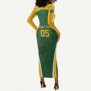 Custom South Africa Cricket Long Sleeve Bodycon Dress Go Champions Protea Pattern LT05