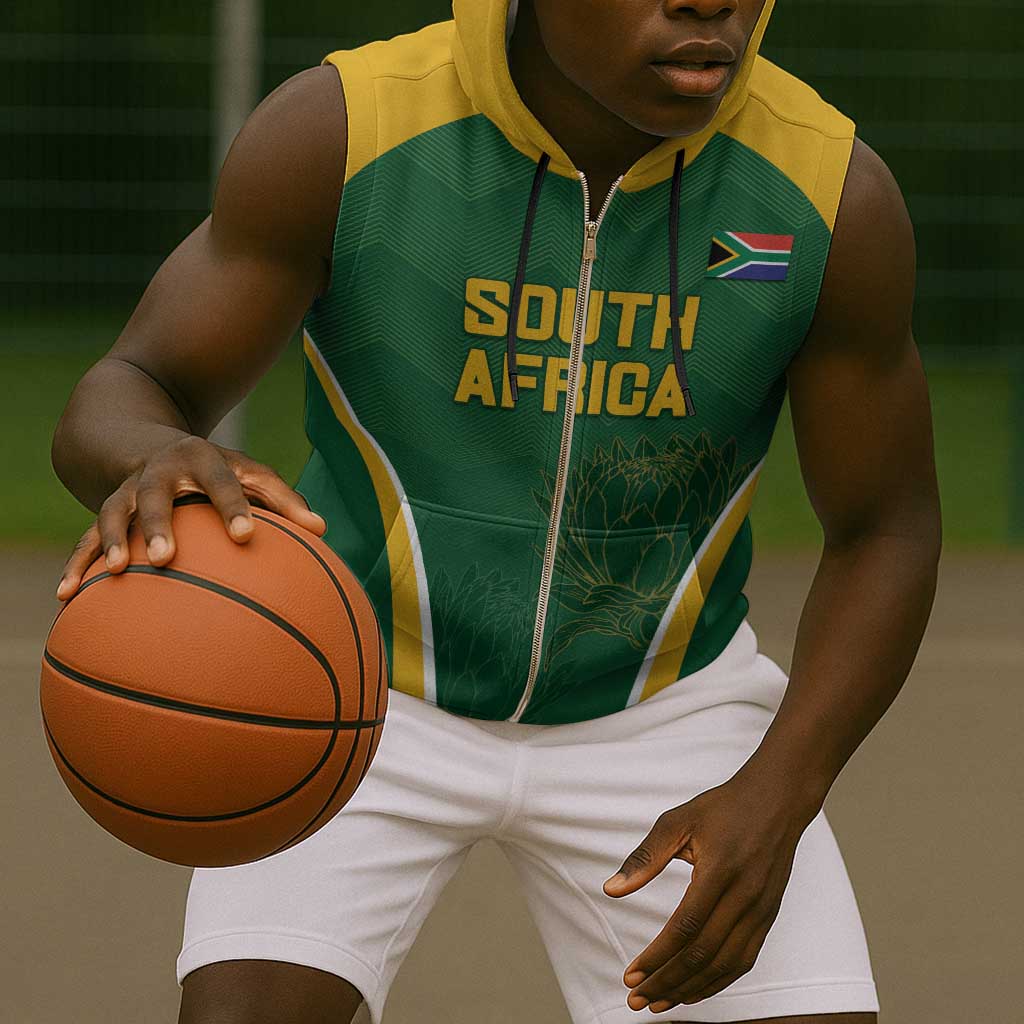 Custom South Africa Cricket Sleeveless Zip Hoodie Go Champions Protea Pattern - African Pride
