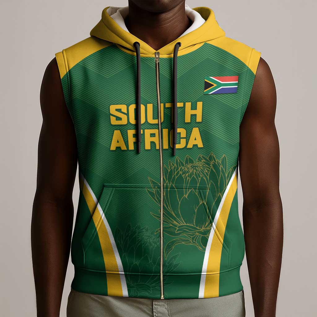 Custom South Africa Cricket Sleeveless Zip Hoodie Go Champions Protea Pattern - African Pride