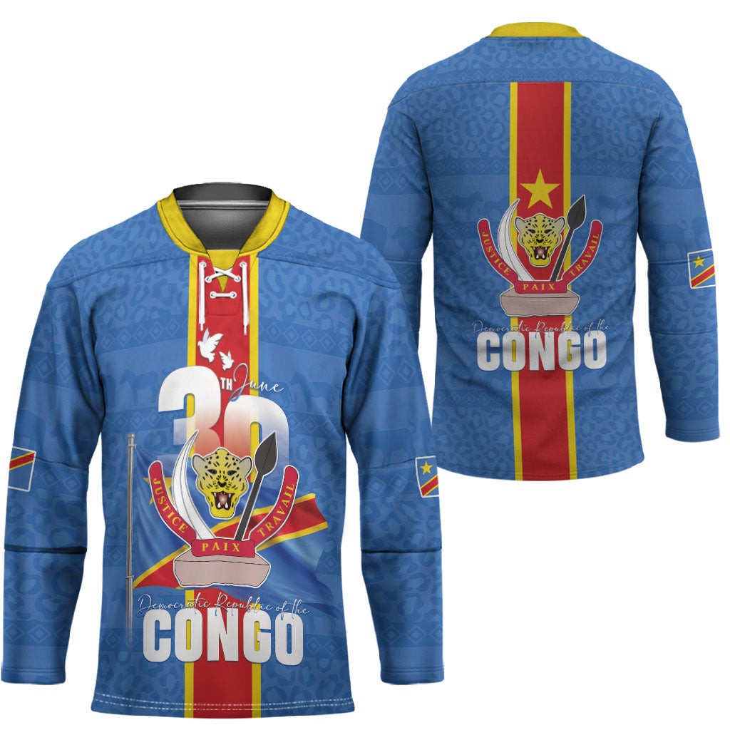 DR Congo Independence Day Hockey Jersey Leopard Pattern With Coat Of Arms