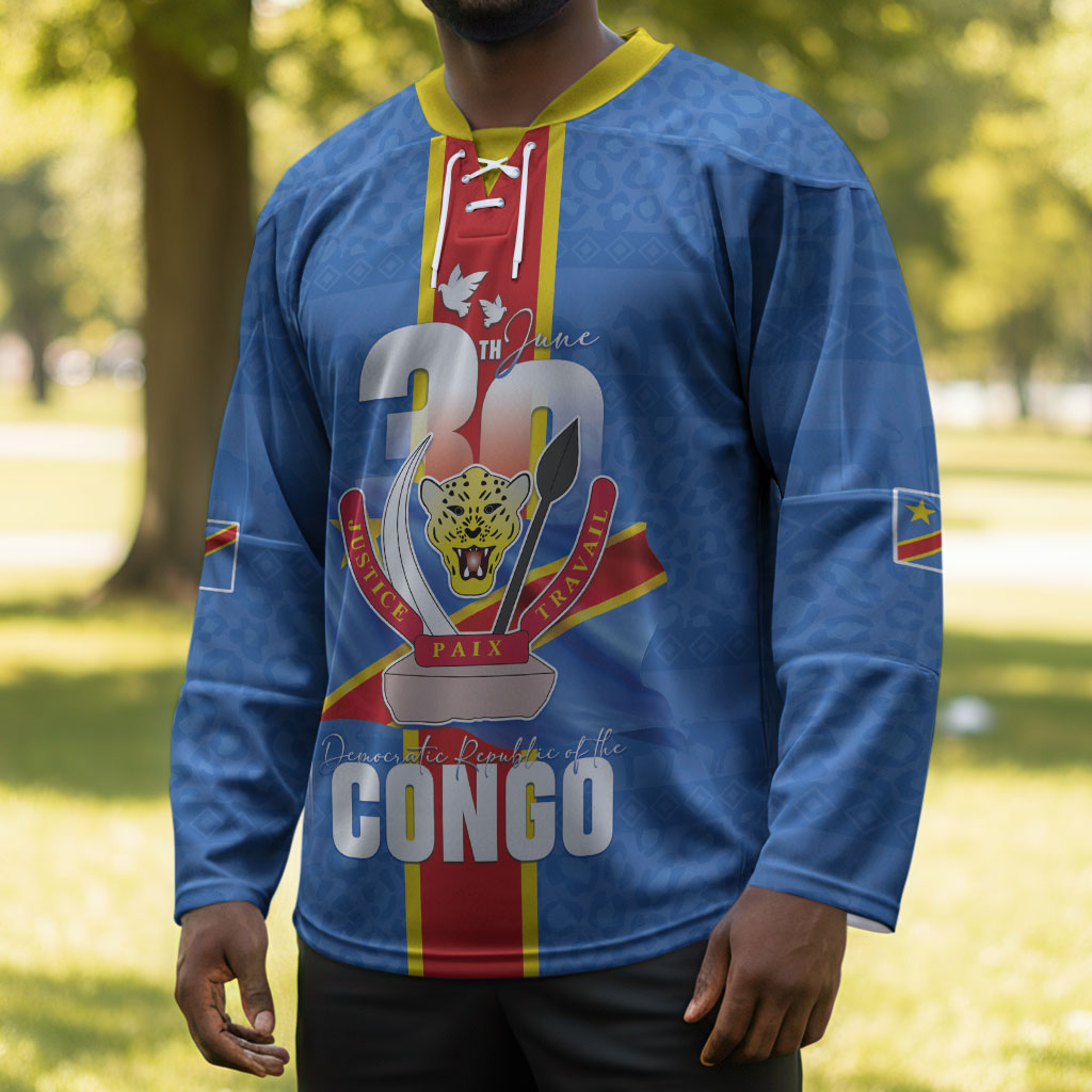 DR Congo Independence Day Hockey Jersey Leopard Pattern With Coat Of Arms